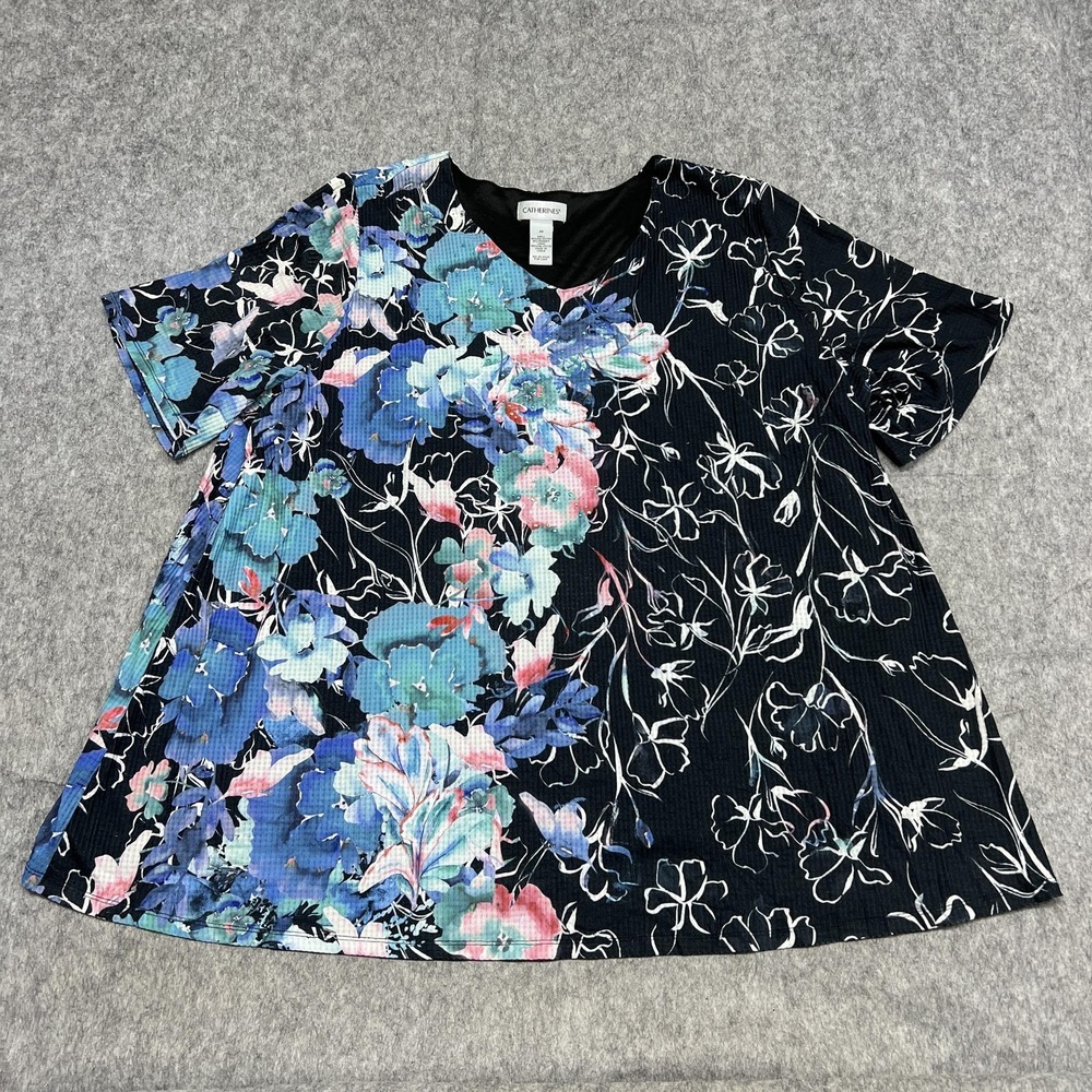 Catherines Shirt Womens 3X Black Blue Floral Print Short Sleeve Tunic Top